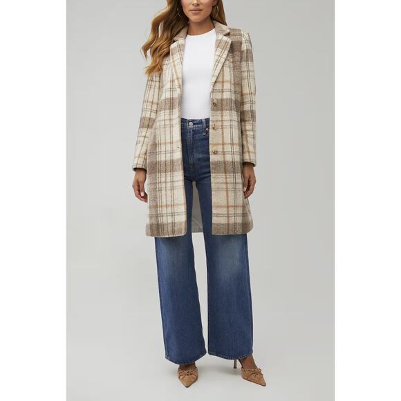 BB Dakota Plaid To Be Said Long Sleeve Notch Lapel Overcoat Peacoat Tan Large - Picture 1 of 11